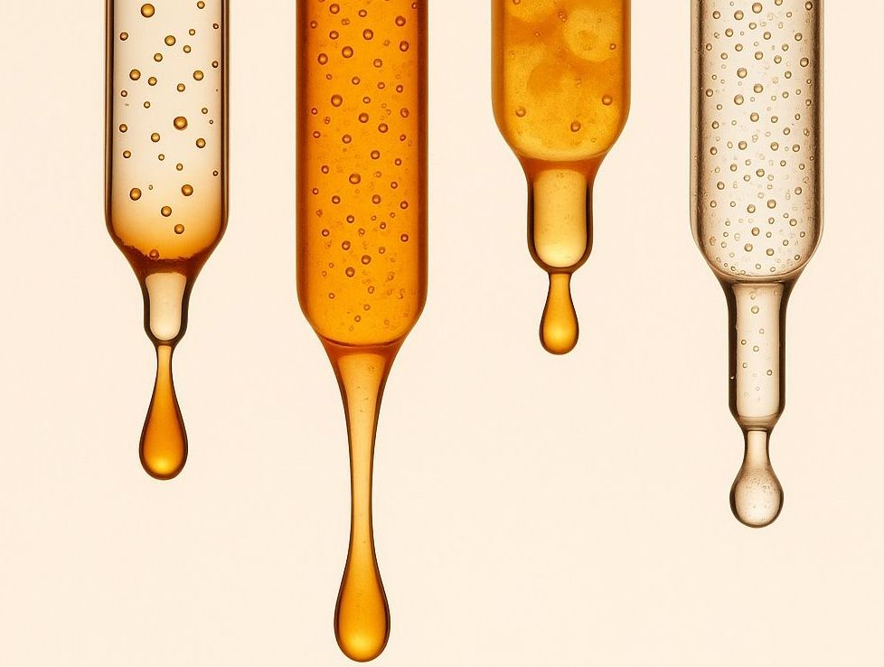 Close-up of glass ampoules dripping golden and clear serum with air bubbles against a light background.